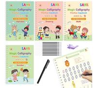 LaresDay Lot de 4 cahiers d'exercices d'écriture pour enfant - Cahiers de calligraphie réutilisables avec guide rainuré (chiffres/lettres), avec stylo, 10 recharges et aide à l'écriture - Non toxique