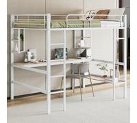 LARFOEK Lit mezzanine, superposé, avec bureau, en métal, cadre de lit, double, pour adolescent, avec quatre petites étagères et une grande bibliothèque, 140 x 200 cm, blanc