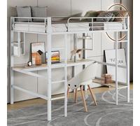 LARFOEK Lit mezzanine, superposé, avec bureau, en métal, cadre de lit, double, pour adolescent, avec quatre petites étagères et une grande bibliothèque, 90 x 200 cm, blanc