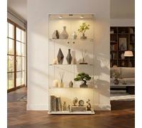 LARFOEK Vitrine sur pied en verre blanche avec éclairage LED - 164,5 x 80,6 x 36,5 cm - Armoire moderne avec 4 étagères en verre et 2 portes - Armoire en verre pour salon, bureau, objets de collection