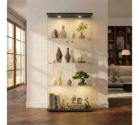 LARFOEK Vitrine sur pied en verre noire avec éclairage LED - 164,5 x 80,6 x 36,5 cm - Armoire moderne avec 4 étagères en verre et 2 portes - Armoire en verre pour salon, bureau, objets de collection