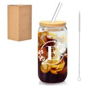 Larfraecy 16Oz Tasse en verre personnalisée A-Z Verre avec couvercles en bambou,pailles et brosse à paille,Verre Canette Initiale,Cadeau personnalisé pour femme, petite amie,maman (E)