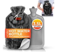 Large 3.5l Hot Water Bottle With Zip And Hand Pocket-Grey Faux Fur Covered Hot Water Bottle For Pain Relief-Soft Washable Warm Water Bag (1 Unit)