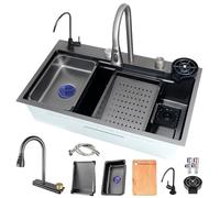 Large 75 x 45 cm Stainless Steel Kitchen Sink - Multifunctional Waterfall Bar Sink with Extensible Tap & Drainage Accessories for Efficient Workstation Use