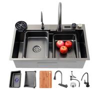 Large Black Stainless Steel Kitchen Sink 68 x 45 cm - Wide Waterfall Design 1 bassin avec extensible Tap Glass Rinser & Drain Pipe Workstation Sink for Modern Kitchens
