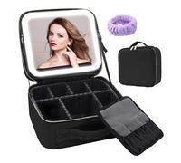 Large Capacity Cosmetic Bags with LED Lighted, Travel Makeup Bag with Adjustable Dividers, Cosmetic Storage Box with 3 Color Modes LED Lighted and Mirror (Black,Only Bag)