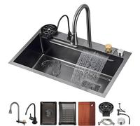 Large Capacity Stainless Steel Kitchen Sink - Single Bowl Waterfall Design with Full Workstation Faucet & Accessories for Efficient Cooking & Cleaning