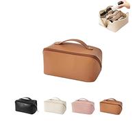 Large Capacity Travel Cosmetic Bag, 2022 New-Cosmetic Travel Bag, Leather Cosmetic Bag with Handle and Divider, Waterproof Portable Travel Makeup Bag Toiletry Bag, Cosmetic Bags for Women, Brown