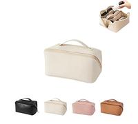 Large Capacity Travel Cosmetic Bag, 2022 New-Cosmetic Travel Bag, Leather Cosmetic Bag with Handle and Divider, Waterproof Portable Travel Makeup Bag Toiletry Bag, Cosmetic Bags for Women, White