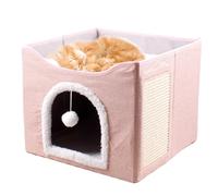 Large Cat Cave, Foldable Cave Kitten House Cat Bed, Cozy Sleeping Condo Tent, Soft Plush Cushion, Enclosed Cube Design with Hanging Ball, Scratch Pad, Perfect Hideaway for Small Animals