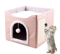 Large Cat Cave, Foldable Cave Kitten House, Cat Bed, Sleeping Condo, Cute Sleeping Tent, Cube House with Plush Ball & Scratch Pad for Kittens, Puppies, Small Animals
