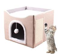 Large Cat Cave, Foldable Kitten House Bed, Sleeping Condo Tent, Cube House with Plush Ball & Scratch Pad, Cozy Shelter for Kittens, Puppies, Small Animals, 16.14x16.14x13.78 inches