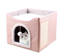 Large Cat Cave, Foldable Kitten House Bed, Sleeping Condo Tent, Cube House with Plush Ball & Scratch Pad, Cozy Shelter for Kittens, Puppies, Small Animals, 16.14x16.14x13.78 inches