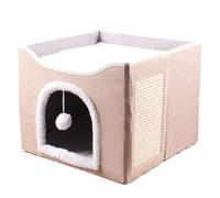 Large Cat Cave, Foldable Kitten Rest Bed, Cute Sleeping Tent with Plush Ball & Scratch Pad for Kittens, Puppies & Small Animals, Comfortable & Space-Saving Pet Retreat