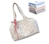 Large Floral Duffle Bag with Bow, Waterproof Flower Tote Shoulder Purse, Cute Weekender Carry- Pouch for Beach, Yoga, Workout, Hospital, and Travel Storage