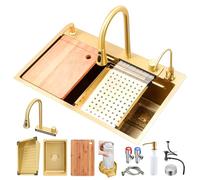 Large Gold Stainless Steel Kitchen Sink 75 x 45 cm - Modern Rectangular Workstation Sink with Removable Basin Cup Washer & Chopping Board Home & Professional Use