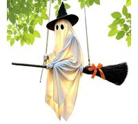 Large Hanging Halloween Ghost Decoration - Cloth Material 160cm Flying Ghost with Witch Broom - Battery Powered Outdoor Haunted Decor - for Lawn Patio Porch Backyard Front Yard and Haunted House