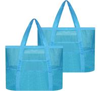 Large Mesh Beach Tote Bag With 8 Separate Pockets,Mesh Storage Shoulder Bag For Beach Vacation,Ideal For Slides,Towels,Creams,Light Blue,2 Pieces