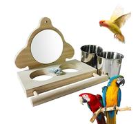 Large Parrot Perch, Bird Perch, Bird Accessories, Bird Cage Perch with Feeding Cups and Mirrors, Cage Accessory for Parrot and Parakeets, Lovebird Perch with Food and Water Station
