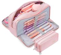 Large Pencil Case, Large Capacity Pencil Case With 3 Compartments, Makeup Bag Office Stationery Pouch Portable Cute Pencil Bag For Boys Girls Teens, Pink, School Bag Set