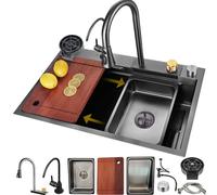 Large Single Waterfall Kitchen Sink - Thickened Handmade Stainless Steel Bar Sink with Slide-And-Dine Workstation all Accessories Included - 68 x 45 x 22 cm