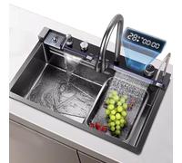 Large Stainless Steel Sink with Waterfall Design Black Single Bowl Kitchen Sink Temperature Display Complete Accessories Included (75x45x22cm)