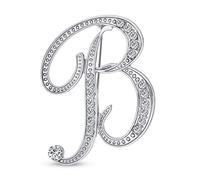 Bling Jewelry Large Statement ABC Pave Crystal Cursive Script Monogram Letters Alphabet Initial B Scarf Lapel Pin Brooch for Women Silver Plated
