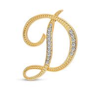 Large Statement Abc Pave Crystal Cursive Script Monogram Letters Alphabet Initial D Scarf Lapel Pin Brooch For Women Yellow Gold Plated