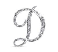 Large Statement Abc Pave Crystal Cursive Script Monogram Letters Alphabet Initial D Scarf Lapel Pin Brooch For Women Silver Plated