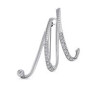 Large Statement Abc Pave Crystal Cursive Script Monogram Letters Alphabet Initial M Scarf Lapel Pin Brooch For Women Silver Plated