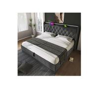Large upholstered bed bench with 360-degree surround LED lighting, 150x200cm dimensions linen fabric, grey (mattress not included)
