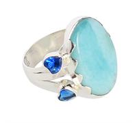 Larimar & Bague en argent sterling 925 avec quartz bleu - Double lunette sertie de pierres rondes 22 x 15 mm et 5 mm - Style bohème réglable pour femme, O 1/2, Gemme, Larimar, quartz bleu