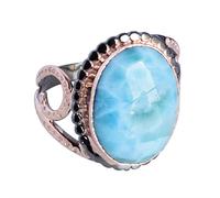 Larimar Bague ovale en argent sterling 925 - Pierre multicolore cabochon 14 x 10 mm, bague avec pierre précieuse sertie de lunette, bijoux uniques avec cristal de guérison 54 (17,20)
