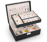 Larkumio Boite a Bijoux Femme Fille, Boîte à Bijoux Vuir PU 2 Couches Verrouillable pour Colliers, Boucles d'oreilles, Bracelets (Noir)