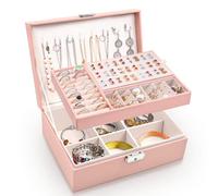 Larkumio Boite a Bijoux Femme Fille, Boîte à Bijoux Vuir PU 2 Couches Verrouillable pour Colliers, Boucles d'oreilles, Bracelets (Rose)