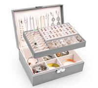 Larkumio Boite a Bijoux Femme Fille, Boîte à Bijoux Vuir PU 2 Couches Verrouillable pour Colliers, Boucles d'oreilles, Bracelets (Gris)