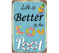 Larkverk Plaque en métal rétro « Life is Better by The Pool » - Pour maison, bar, bureau, salle de bain - 30,5 x 20,3 cm