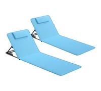 LARMNEE Lot de 2 Chaise de Plage avec Dossier Réglable, Matelas de Plage en Mousse, Lit de Bain de Soleil avec Dossier Inclinable, Chaise Longue Pliable avec Appui-Tête de Rangement, Bleu EBU01TYP202
