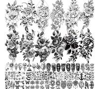 LAROI 8 Feuilles Pétale Vif 3d Fleur Rose Adultes Tatouage éphémère Femme Imperméable Faux Corps Art Bras Croquis Réaliste Autocollants Tatouages Temporaires Noir Filles Épaule Feuilles Pâte Tattoos