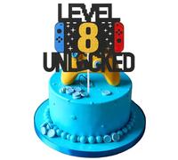 Larrel Décoration de gâteau d'anniversaire - Niveau 8 - Déverrouillé - Jeu vidéo - Décoration de gâteau d'anniversaire - DIY Level Up Happy Birthday - Avec bâton en papier pour garçon de 8 ans