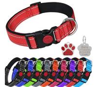 LARRYROO Collier réfléchissant en nylon rembourré doux pour chien | Boucle de sécurité coulissante | Entièrement réglable avec étiquette personnalisée gravée en forme de patte pailletée (rouge, XS