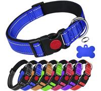 LARRYROO Collier réfléchissant en nylon rembourré doux pour chien | Boucle de sécurité coulissante | Entièrement réglable avec étiquette personnalisée gravée en forme d'os (bleu, taille M (cou de 35 à