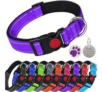 LARRYROO Collier réfléchissant en nylon rembourré doux pour chien | Boucle de sécurité coulissante | Entièrement réglable avec étiquette ronde gravée personnalisée à motif de pattes (Violet, XS (cou