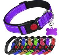 LARRYROO Collier réfléchissant en nylon rembourré doux pour chien | Boucle de sécurité coulissante | Entièrement réglable avec étiquette personnalisée gravée en forme d'os (violet, taille L (cou de 40
