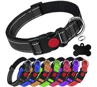 LARRYROO Collier réfléchissant en nylon rembourré doux pour chien | Boucle de sécurité coulissante | Entièrement réglable avec étiquette personnalisée gravée en forme d'os (noir, L (cou de 40 à 60 cm)