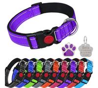 LARRYROO Collier réfléchissant en nylon rembourré pour chien | Boucle de sécurité coulissante | Entièrement réglable avec étiquette personnalisée gravée en forme de patte pailletée (Violet, XS (cou de
