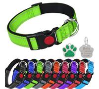 LARRYROO Collier réfléchissant en nylon rembourré pour chien | Boucle de sécurité coulissante | Entièrement réglable avec étiquette personnalisée gravée en forme de patte pailletée (vert, XS (cou de