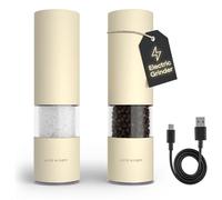 LARS NYSØM Moulin à Sel et Poivre Électrique | Moulins Automatiques en Acier Inoxydable avec Broyeur Céramique Réglable | Set de Moulins à Épices Rechargeables USB avec Lumière LED (Almond Beige)