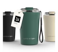 LARS NYSØM Mug Isotherme Cafe to-go avec sangle et couvercle en tritan 380ml | Tasse de voyage 0.38 litre avec isolation | Tasse thermique étanche en acier inoxydable (Pine Green, 380ml)