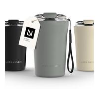 LARS NYSØM Mug Isotherme Cafe to-go avec sangle et couvercle en tritan 380ml | Tasse de voyage 0.38 litre avec isolation | Tasse thermique étanche en acier inoxydable (Ash Gray, 380ml)